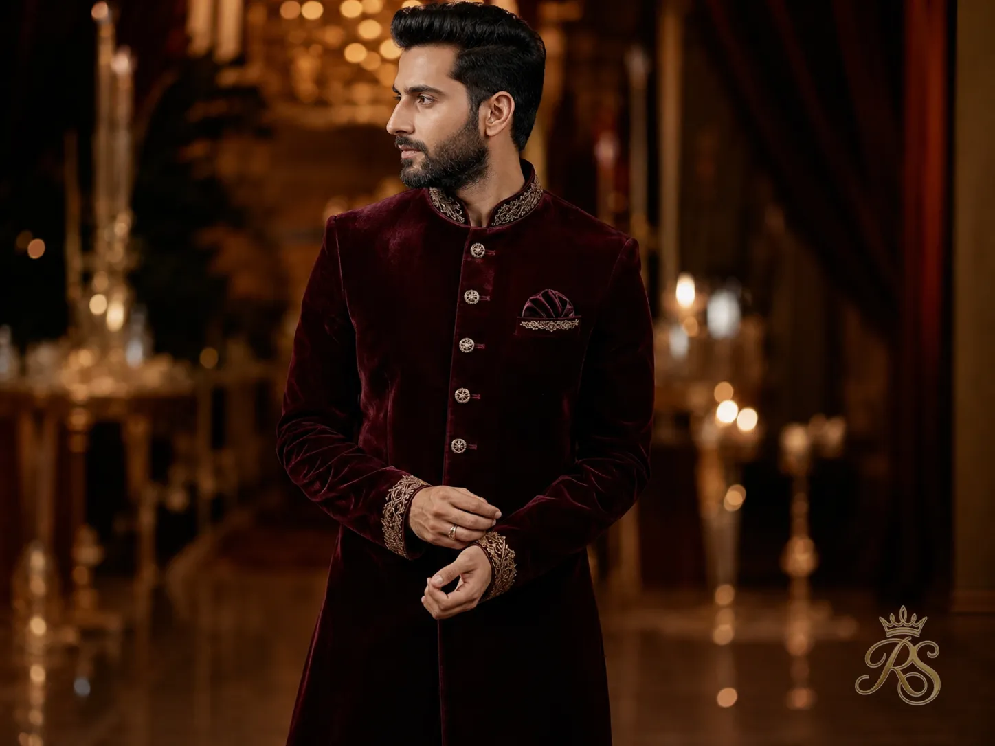 Elegant velvet sherwani with deep texture and a luxurious evening presence